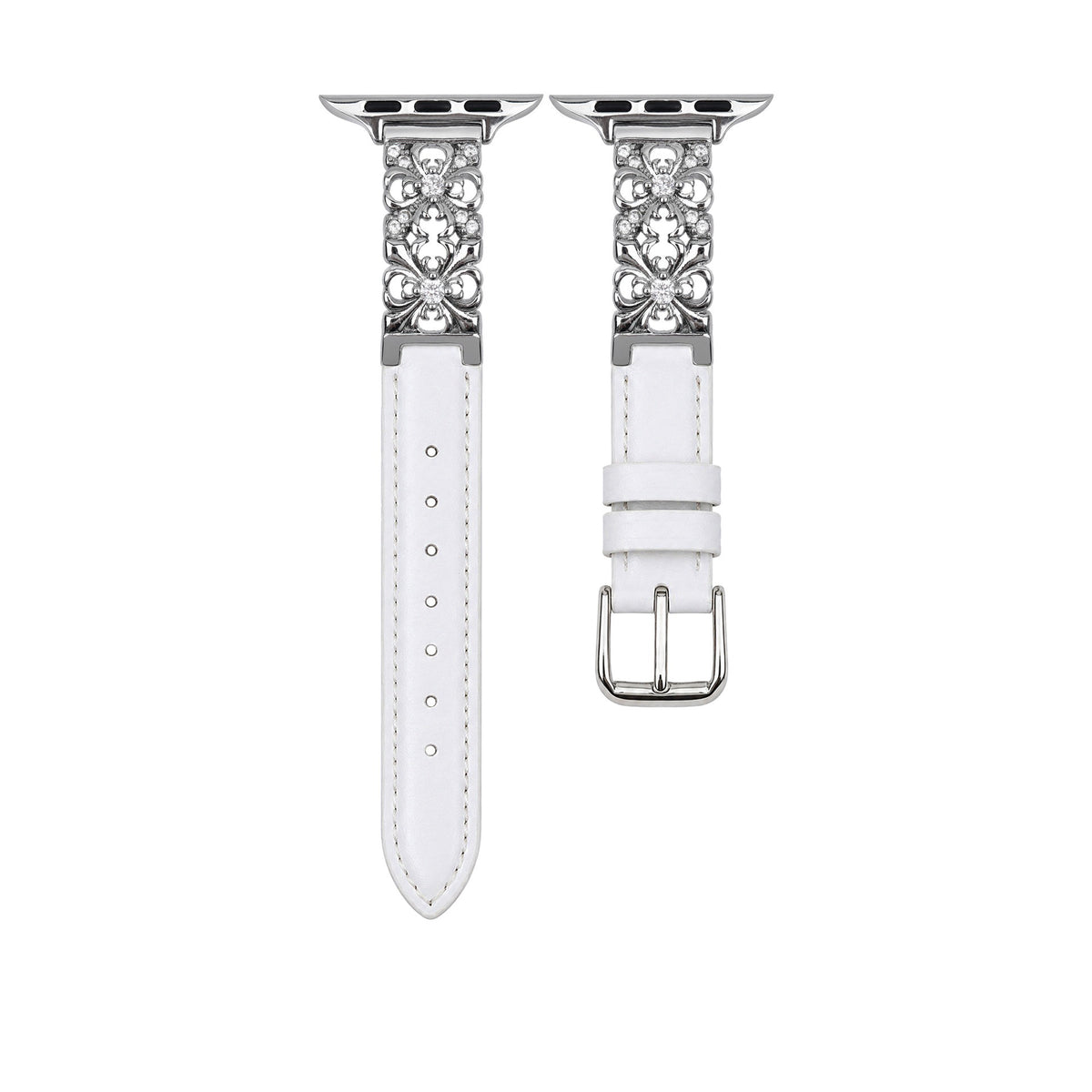 White Dreamy Flower leather Apple Watch band with silver floral detail