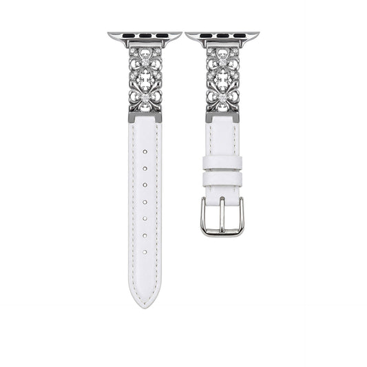 White Dreamy Flower leather Apple Watch band with silver floral detail