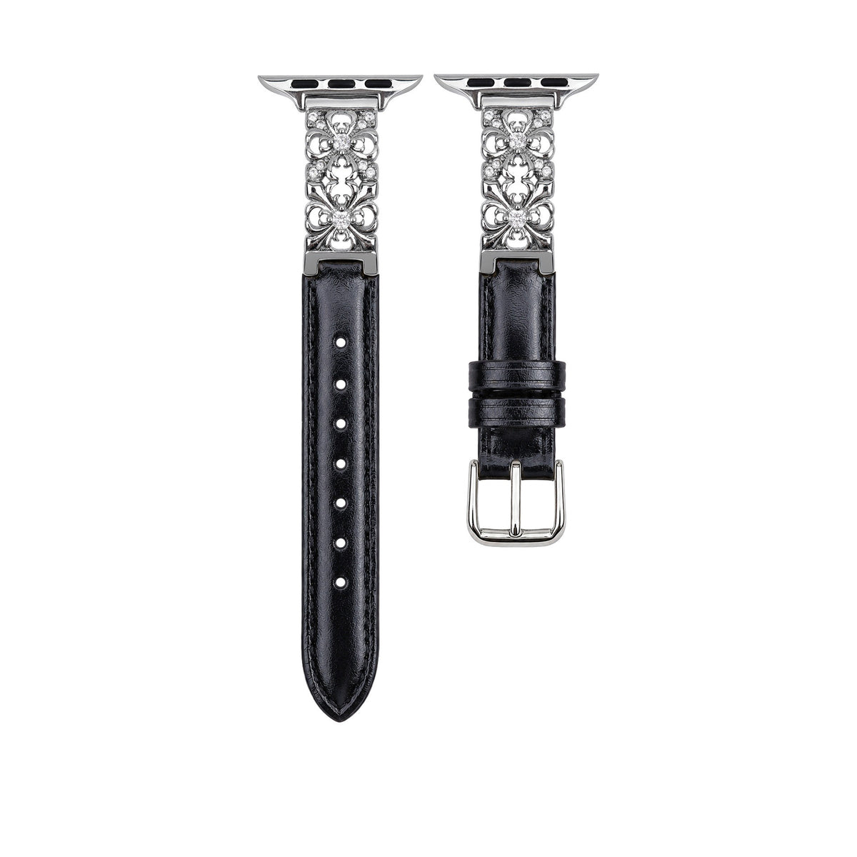 Black Dreamy Flower leather band with silver floral detail