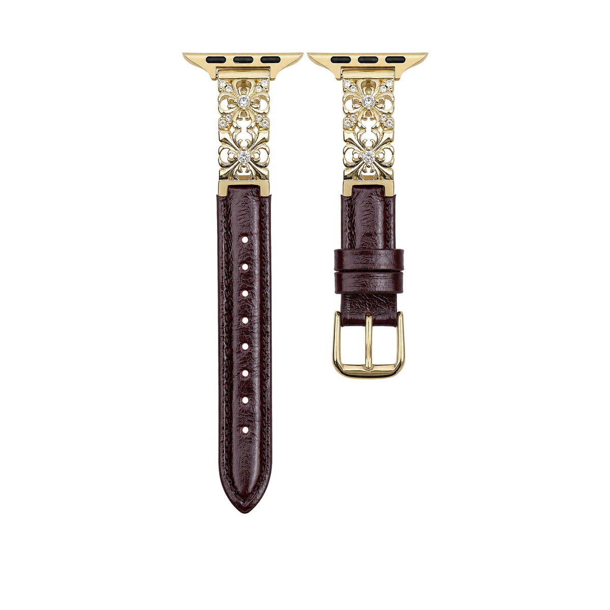 Burgundy brown Dreamy Flower leather band with gold floral detail