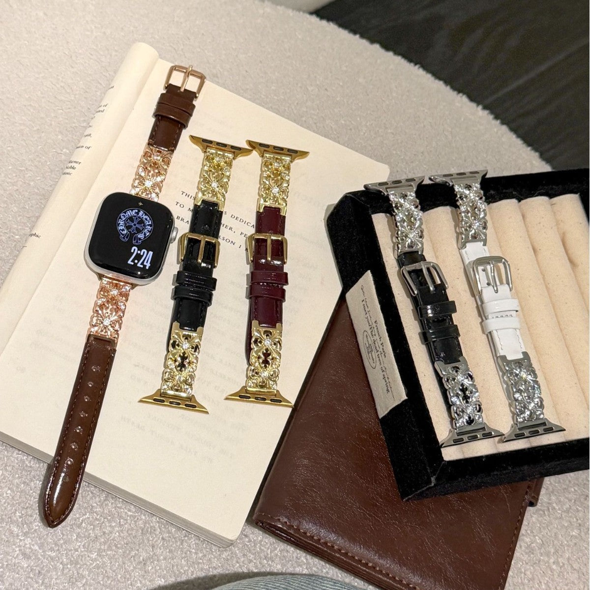 Dreamy Flower leather Apple Watch bands in several colors and metal finishes